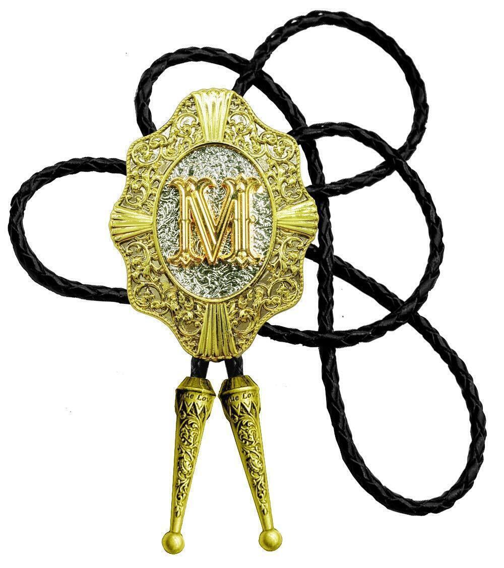 9238 Golden Initial Letters in Flower Nursery Cowboy Bolo Tie with Cowhide